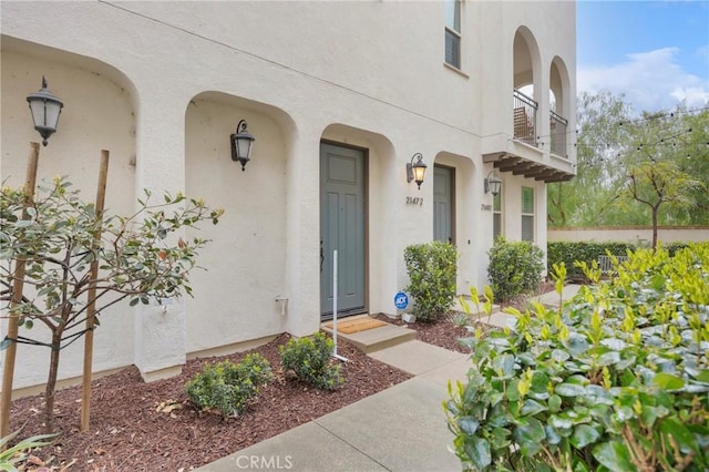 doorway to property featuring stucco siding