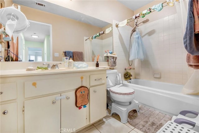 bathroom with vanity, shower / bathtub combination with curtain, visible vents, tile patterned flooring, and toilet