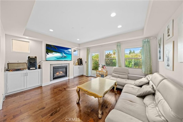 living area with hardwood / wood-style floors, a raised ceiling, recessed lighting, and a glass covered fireplace