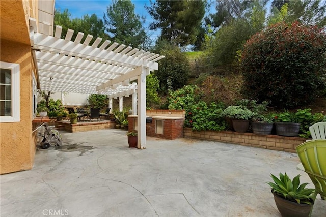 view of patio / terrace featuring fence, area for grilling, and a pergola