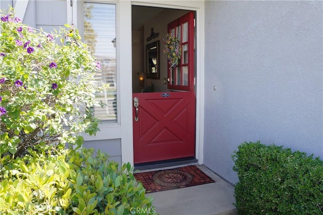 doorway to property featuring stucco siding