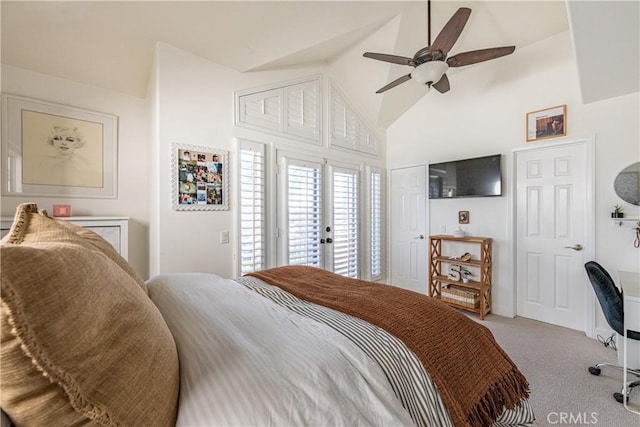 bedroom featuring access to exterior, high vaulted ceiling, a ceiling fan, and carpet floors