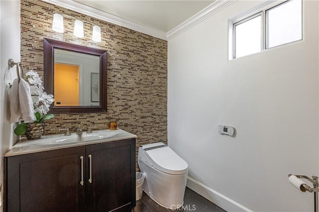 half bath with toilet, ornamental molding, backsplash, baseboards, and vanity