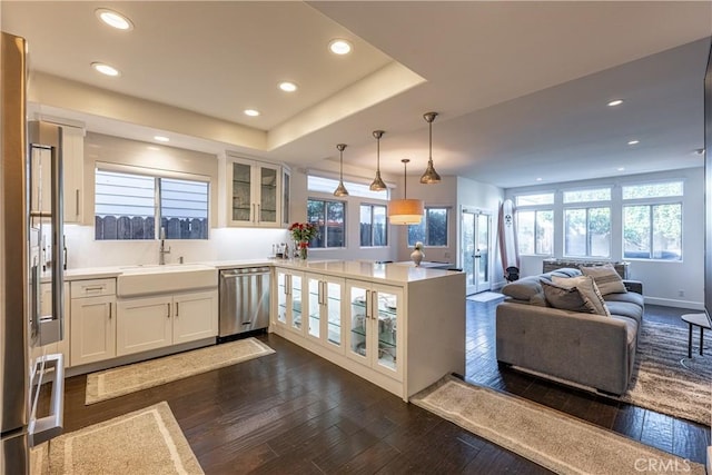 kitchen featuring a sink, stainless steel dishwasher, open floor plan, a peninsula, and glass insert cabinets