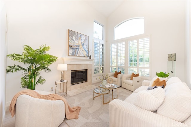 living area featuring a fireplace and high vaulted ceiling