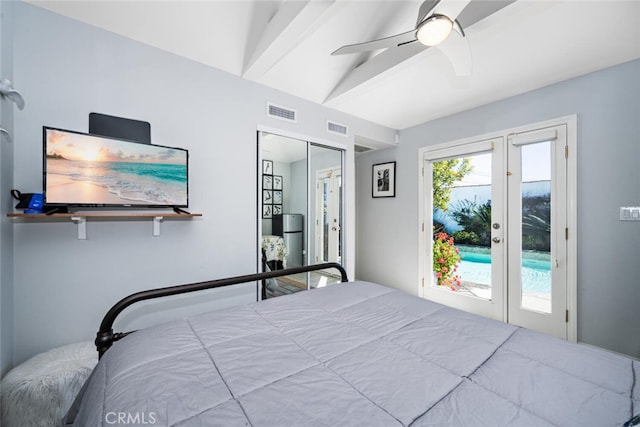 bedroom featuring visible vents, vaulted ceiling with beams, french doors, and access to outside