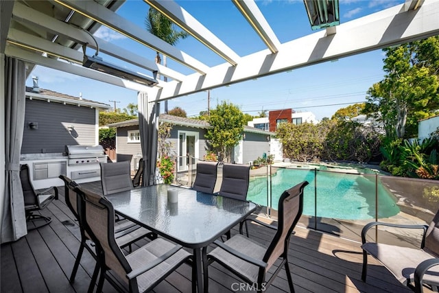 wooden deck featuring outdoor dining area, a fenced in pool, area for grilling, and a pergola