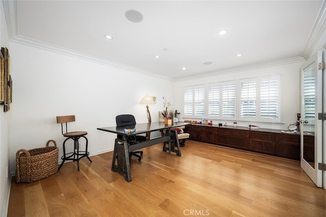 office space featuring recessed lighting, crown molding, and light wood-style floors