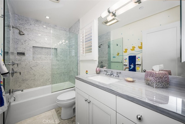 bathroom featuring shower / bath combination, toilet, and vanity