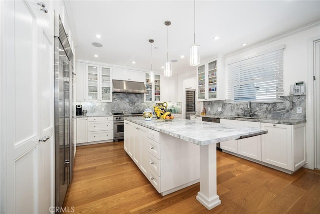 kitchen featuring high quality appliances, under cabinet range hood, a sink, light wood-style floors, and white cabinets