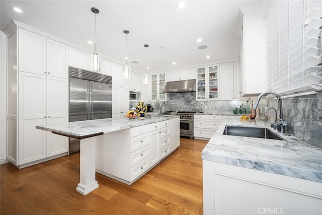 kitchen featuring under cabinet range hood, high quality appliances, light wood-type flooring, and a sink