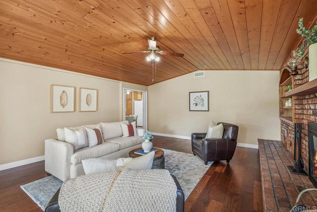 living area with wood finished floors, visible vents, lofted ceiling, wood ceiling, and a brick fireplace