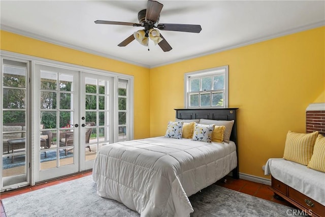 bedroom featuring a ceiling fan, baseboards, french doors, crown molding, and access to outside