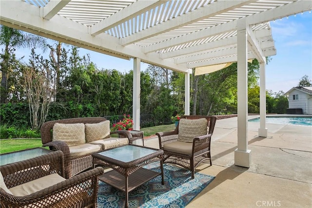 view of patio / terrace with a pergola, an outdoor pool, and an outdoor hangout area