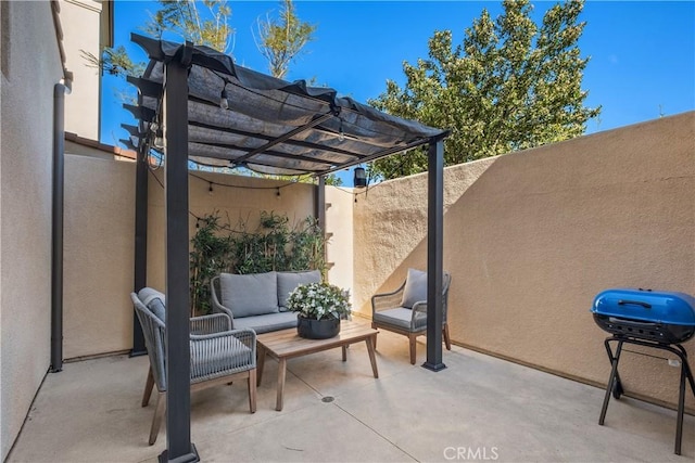 view of patio featuring grilling area, an outdoor hangout area, a fenced backyard, and a pergola