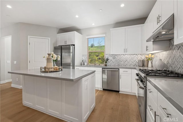 kitchen featuring under cabinet range hood, a sink, white cabinetry, light wood-style floors, and appliances with stainless steel finishes