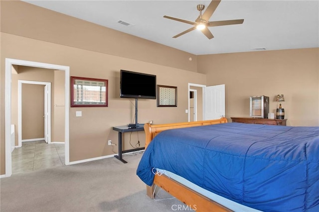 bedroom featuring visible vents, baseboards, carpet flooring, and vaulted ceiling