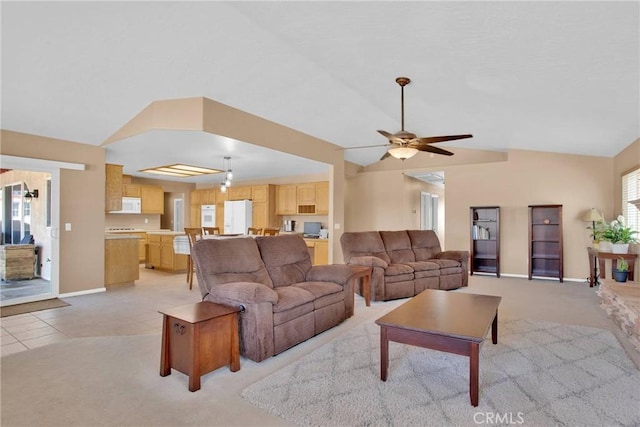 20368 Majestic Dr, Apple Valley, CA 92308 - living room with a ceiling fan, baseboards, light colored carpet, and vaulted ceiling