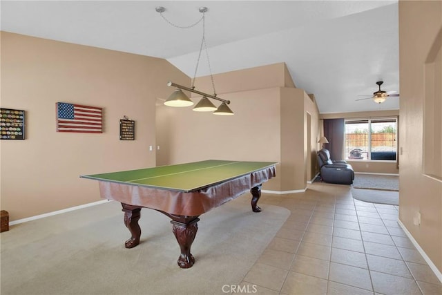 20368 Majestic Dr, Apple Valley, CA 92308 - playroom with vaulted ceiling, baseboards, a ceiling fan, light tile patterned floors, and pool table