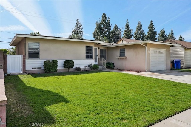 ranch-style home featuring an attached garage, stucco siding, concrete driveway, a front lawn, and crawl space