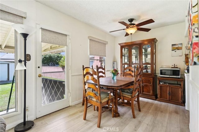 dining room featuring a textured ceiling, ceiling fan, wainscoting, and light wood finished floors