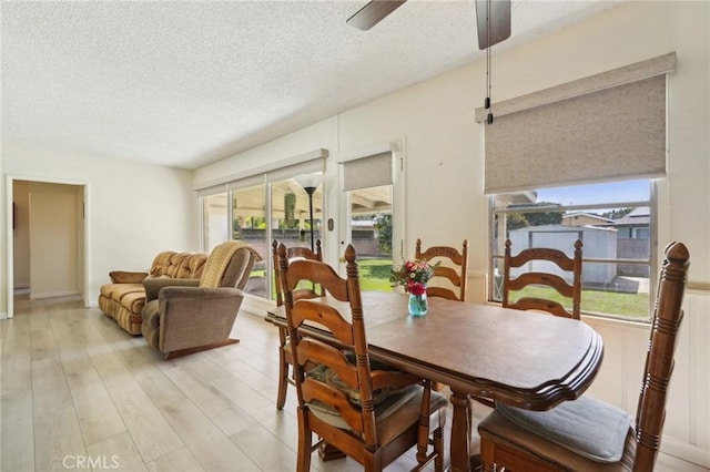 dining area featuring light wood finished floors, a textured ceiling, and ceiling fan