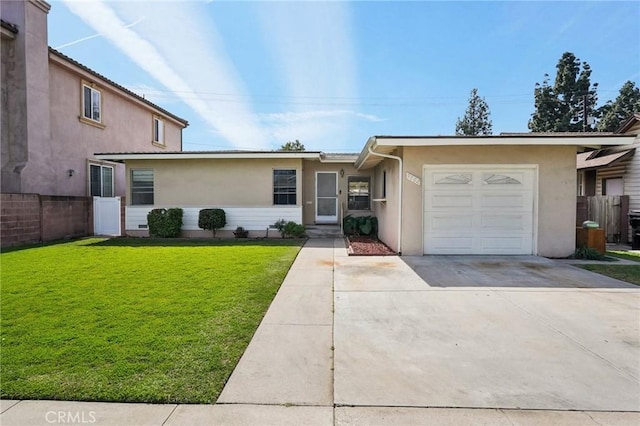 ranch-style home featuring stucco siding, driveway, fence, a front yard, and a garage