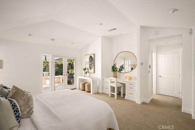 bedroom with access to exterior, visible vents, light colored carpet, lofted ceiling, and french doors