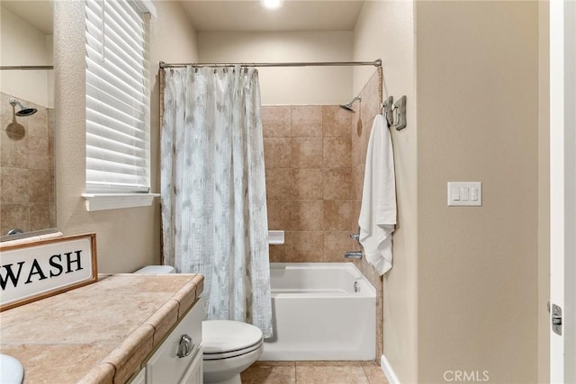 full bath with shower / bathtub combination with curtain, toilet, vanity, and tile patterned flooring