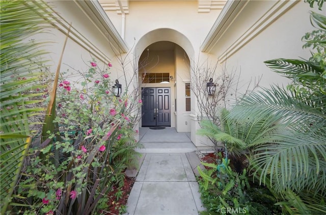 doorway to property with stucco siding