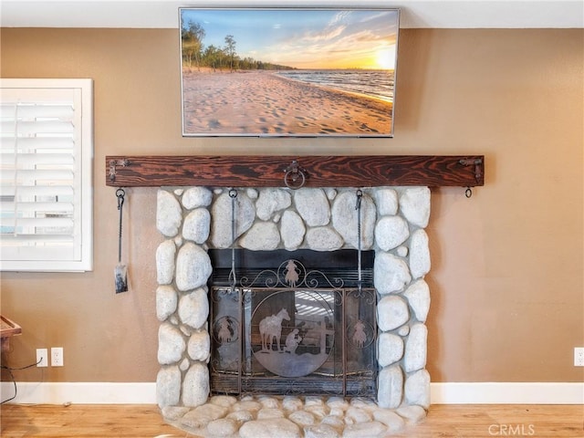 details featuring baseboards, wood finished floors, and a fireplace