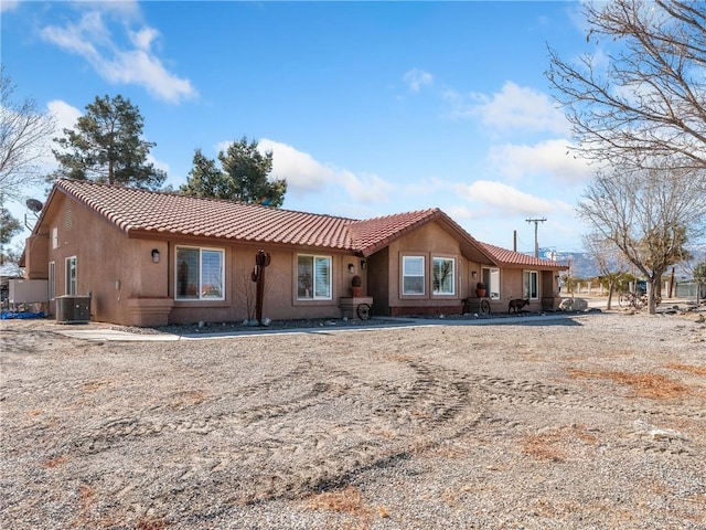 back of property featuring stucco siding and a tiled roof