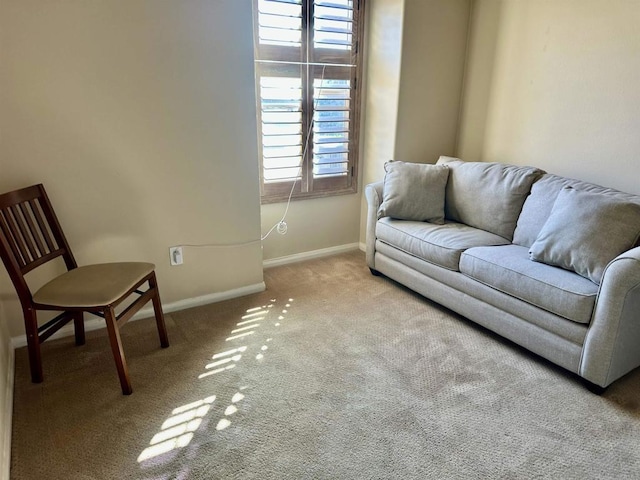 sitting room with baseboards and carpet floors