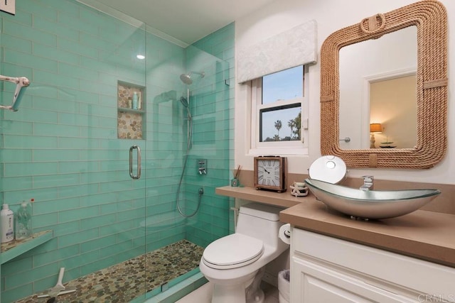 bathroom featuring toilet, a stall shower, and vanity