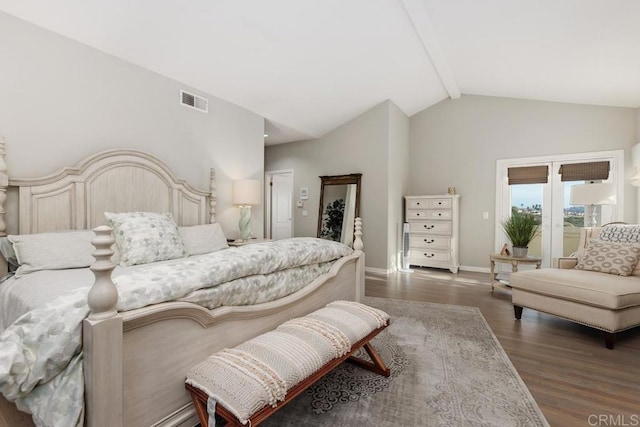 bedroom with wood finished floors, visible vents, baseboards, high vaulted ceiling, and beamed ceiling