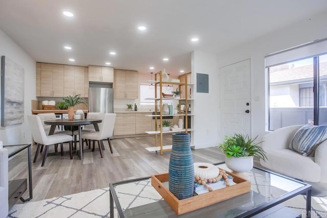 4197 Tiberon Dr, Oceanside, CA 92056 - living room featuring light wood-style flooring, electric panel, and recessed lighting