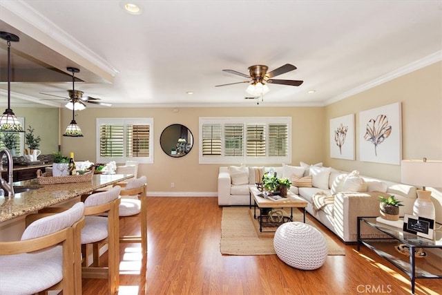 living area featuring a wealth of natural light, light wood-style flooring, baseboards, and ornamental molding