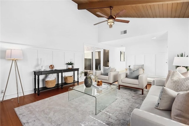 living area featuring visible vents, wood ceiling, wood finished floors, and a decorative wall