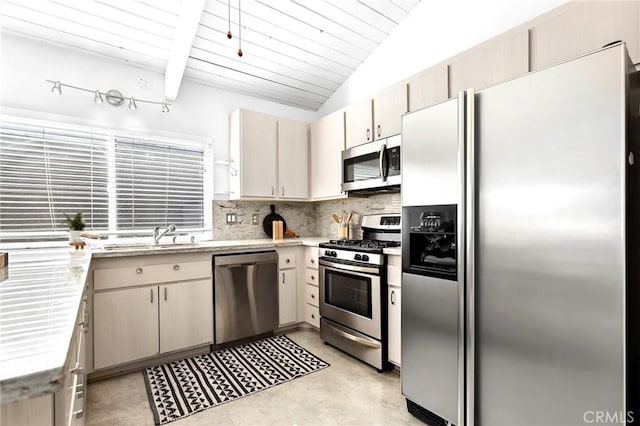 kitchen featuring a sink, backsplash, appliances with stainless steel finishes, wooden ceiling, and lofted ceiling