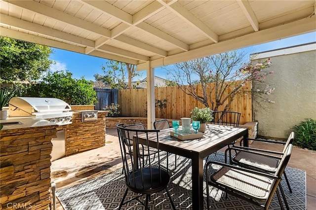 view of patio / terrace featuring a fenced backyard, area for grilling, outdoor dining space, and a grill