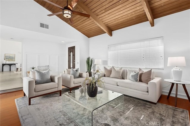 living area featuring wood finished floors, visible vents, beam ceiling, and wooden ceiling