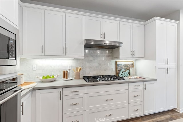 kitchen featuring under cabinet range hood, appliances with stainless steel finishes, white cabinets, and light countertops