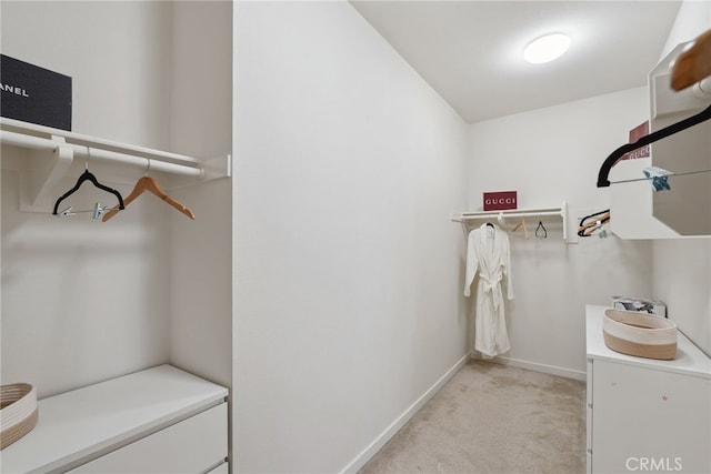 walk in closet with light colored carpet