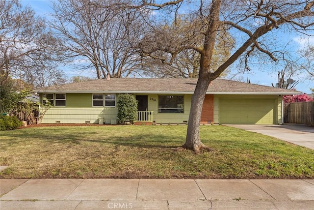 ranch-style house with fence, an attached garage, a front lawn, concrete driveway, and crawl space