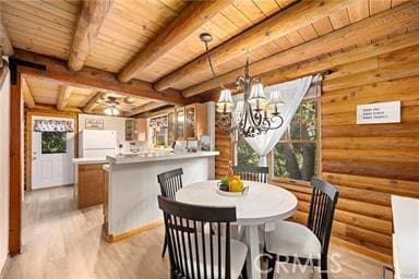 dining space featuring beam ceiling, wooden ceiling, log walls, and light wood-style floors