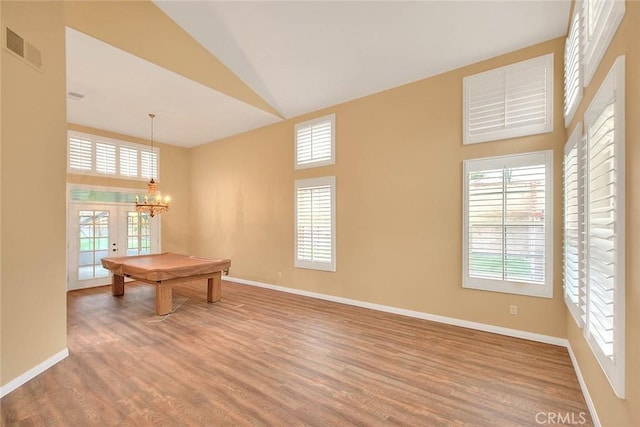 recreation room with visible vents, pool table, baseboards, lofted ceiling, and wood finished floors