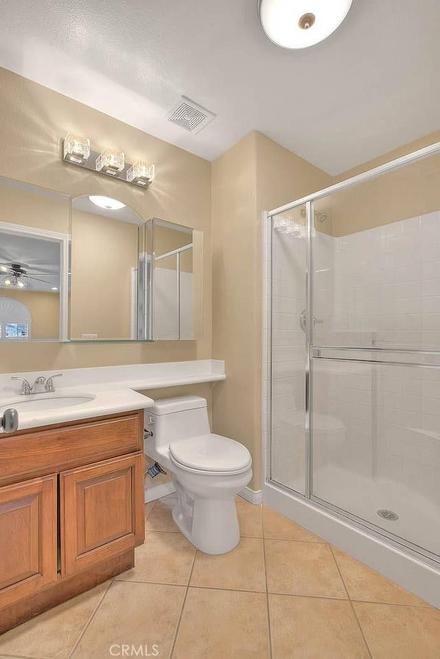 bathroom featuring visible vents, toilet, a shower stall, and tile patterned flooring