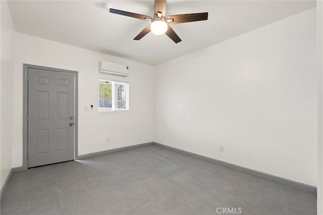 unfurnished room featuring an AC wall unit, baseboards, and a ceiling fan