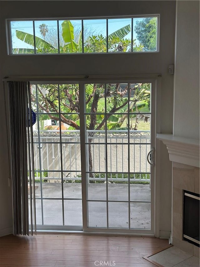 entryway featuring a wealth of natural light, a fireplace with flush hearth, and hardwood / wood-style floors