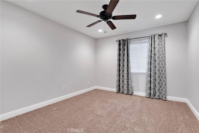 carpeted empty room featuring recessed lighting, baseboards, and ceiling fan